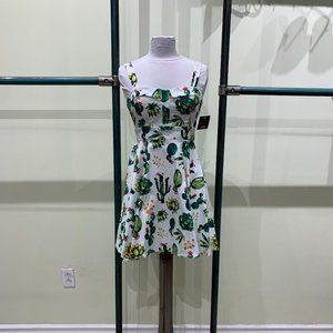 Eva Rose White Succulent Print Fit & Flare Pinup Tie-Back Dress with Pockets